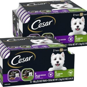 Cesar Wet Dog Food Classic Loaf in Sauce Top Sirloin & Grilled Chicken Flavors Variety Pack, 3.5 oz. Easy Peel Trays, (12 Count, Pack of 2)
