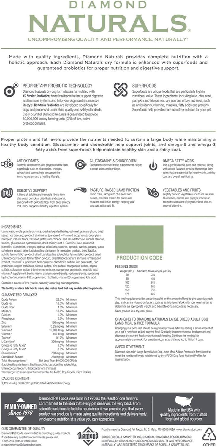 Diamond Naturals Large Breed Adult Dry Dog Food Lamb Meal and Rice Formula with Protein from Real Lamb, Probiotics and Essential Nutrients to Support Balanced and Overall Health in Adult Dogs 40lb - Image 2