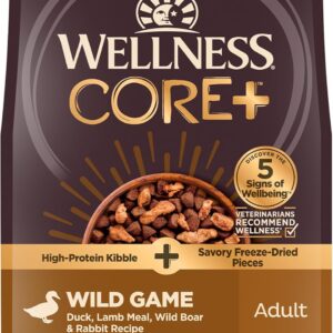 Wellness CORE+ Dry Dog Food with Freeze Dried Pieces, Grain Free, High Protein, Natural, Wild Game Duck, Lamb, Wild Boar, & Rabbit Recipe, (18-Pound Bag)