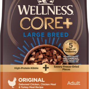Wellness CORE+ Dry Dog Food with Freeze Dried Pieces, Large Breed, Wholesome Grains, High Protein, Natural, Chicken & Turkey Recipe, (20-Pound Bag)