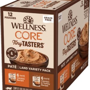 Wellness CORE Tiny Tasters Pate Adult Wet Cat Food, Natural, Protein-Rich, Grain Free, 1.75-Ounce Pouch, 12 Pack, (Land Variety Pack)