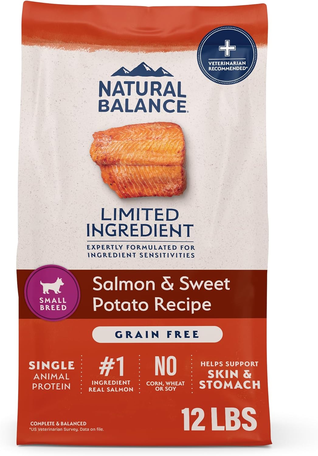 Natural Balance Limited Ingredient Grain Free Salmon & Sweet Potato Dry Dog Food for Small Breed Adults, Sensitive Stomach, 12 lb