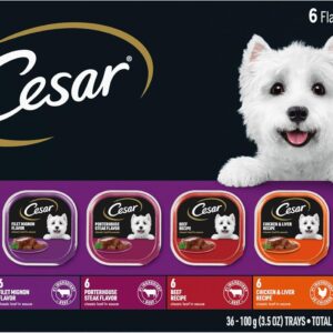 Cesar Wet Dog Food Classic Loaf in Sauce Grilled Chicken, Filet Mignon, Porterhouse Steak, Beef, Chicken & Liver and Turkey Variety Pack 3.5 oz. Easy Peel Trays (36 Count, Pack of 1)