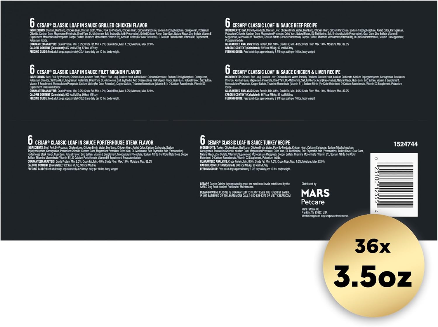 Cesar Wet Dog Food Classic Loaf in Sauce Grilled Chicken, Filet Mignon, Porterhouse Steak, Beef, Chicken & Liver and Turkey Variety Pack 3.5 oz. Easy Peel Trays (36 Count, Pack of 1) - Image 2