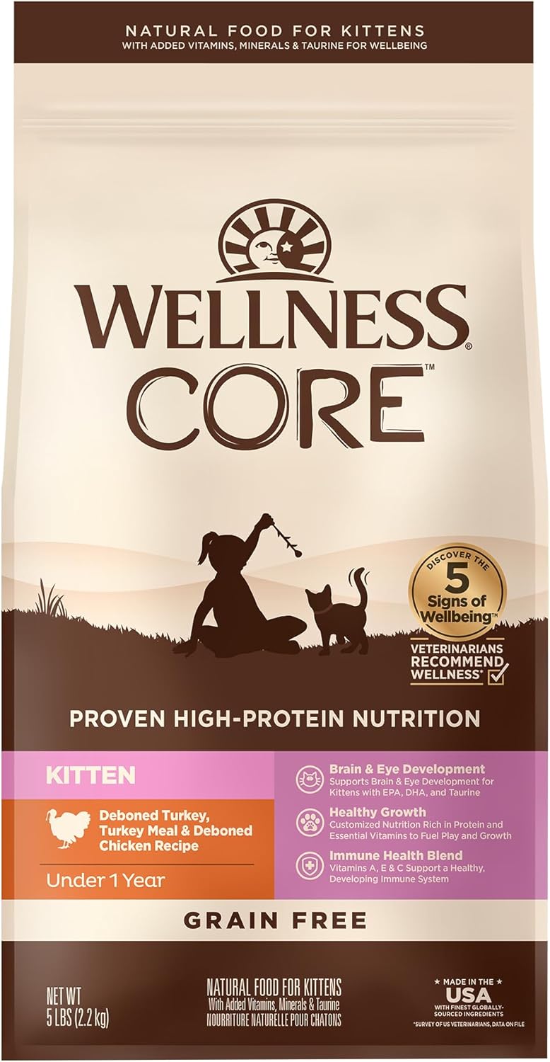 Wellness CORE Kitten Dry Cat Food for Indoor & Outdoor Cats, Grain Free, Natural, Original Turkey, Turkey Meal and Chicken (5 Pound Bag)