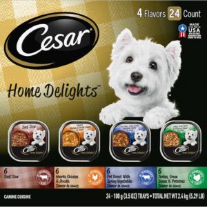 Cesar Home Delights Adult Wet Dog Food, Pot Roast with Spring Vegetables, Beef Stew, Turkey, Green Beans, & Potatoes, and Hearty Chicken & Noodle Dinner in Sauce Variety Pack, 3.5 oz. 24 Count