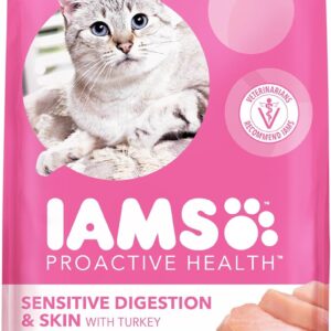IAMS Proactive Health Sensitive Digestion & Skin Dry Cat Food, Adult Cat Food Dry Recipe with Real Turkey, 13 lb. Bag