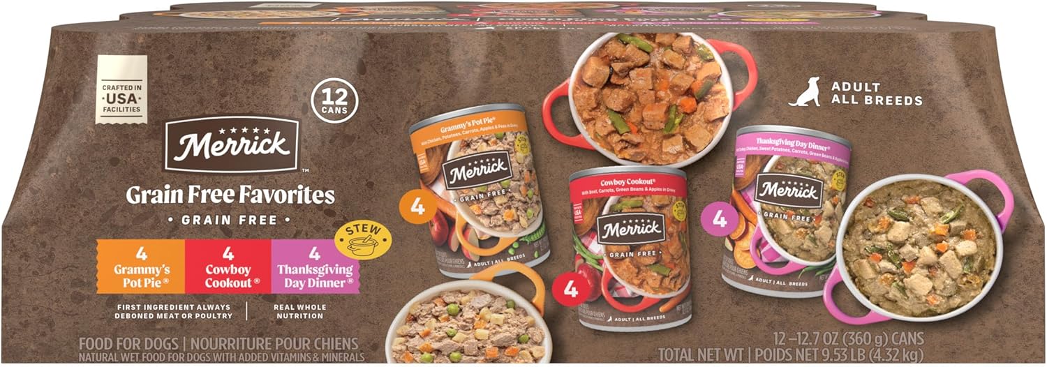 Merrick Grain Free Wet Dog Food, Premium Gluten Free Canned Variety Pack, Beef, Chicken and Turkey Recipes - (Pack of 12) 12.7 oz. Cans