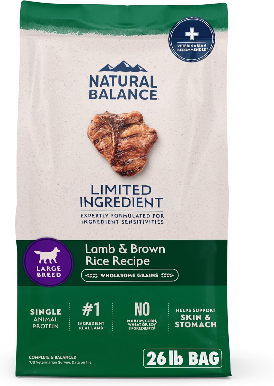 Natural Balance Limited Ingredient Large Breed Adult Dry Dog Food with Healthy Grains, Lamb & Brown Rice Recipe, 26 Pound (Pack of 1)