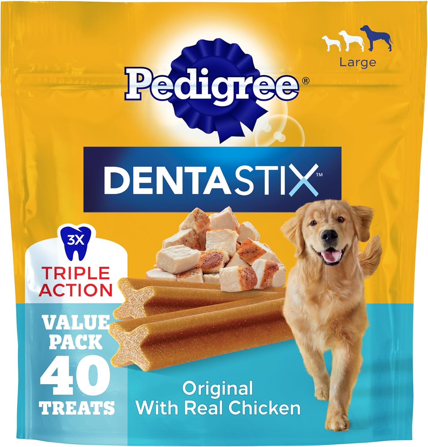 Pedigree Dentastix Large Dog Treats, Original Flavor with Real Chicken, 2.08 lb. Bag (40 Treats Total)