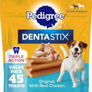 Pedigree Dentastix Small & Medium Breed Dog Treats, Original with Real Chicken, Dog Dental Treats, 21.1 oz. Bag (45 Treats Total)