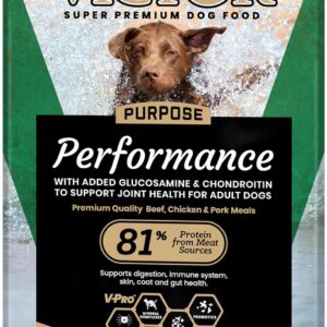 VICTOR Super Premium Dog Food – Performance Dry Dog Food from Beef, Chicken and Pork Meal – 26% Protein for Active Adult Dogs – Includes Glucosamine and Chondroitin for Hip and Joint Health, 40lbs