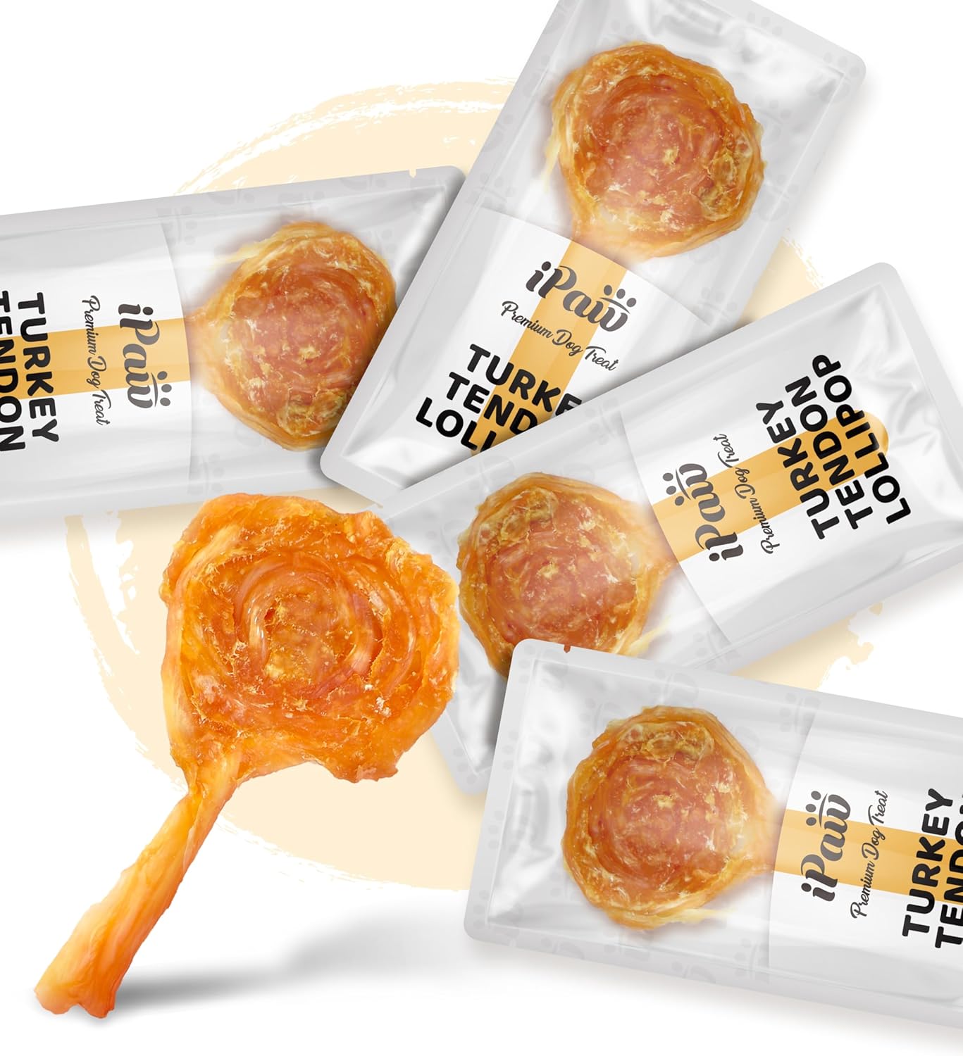 iPaw Turkey Tendon for Dogs, Single Protein, Hypoallergenic, All Natural Human Grade Puppy Chew, Rawhide Alternative Dog Treats, 4 pcs/Pack Lollipop Shape (Small)