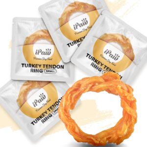 iPaw Turkey Tendons for Dogs, 100% Turkey and US Sourced Raw Material, Hypoallergenic, All Natural Human Grade Puppy Chew, Rawhide Alternative Dog Treats, 4 Units/Pack Ring (Small)