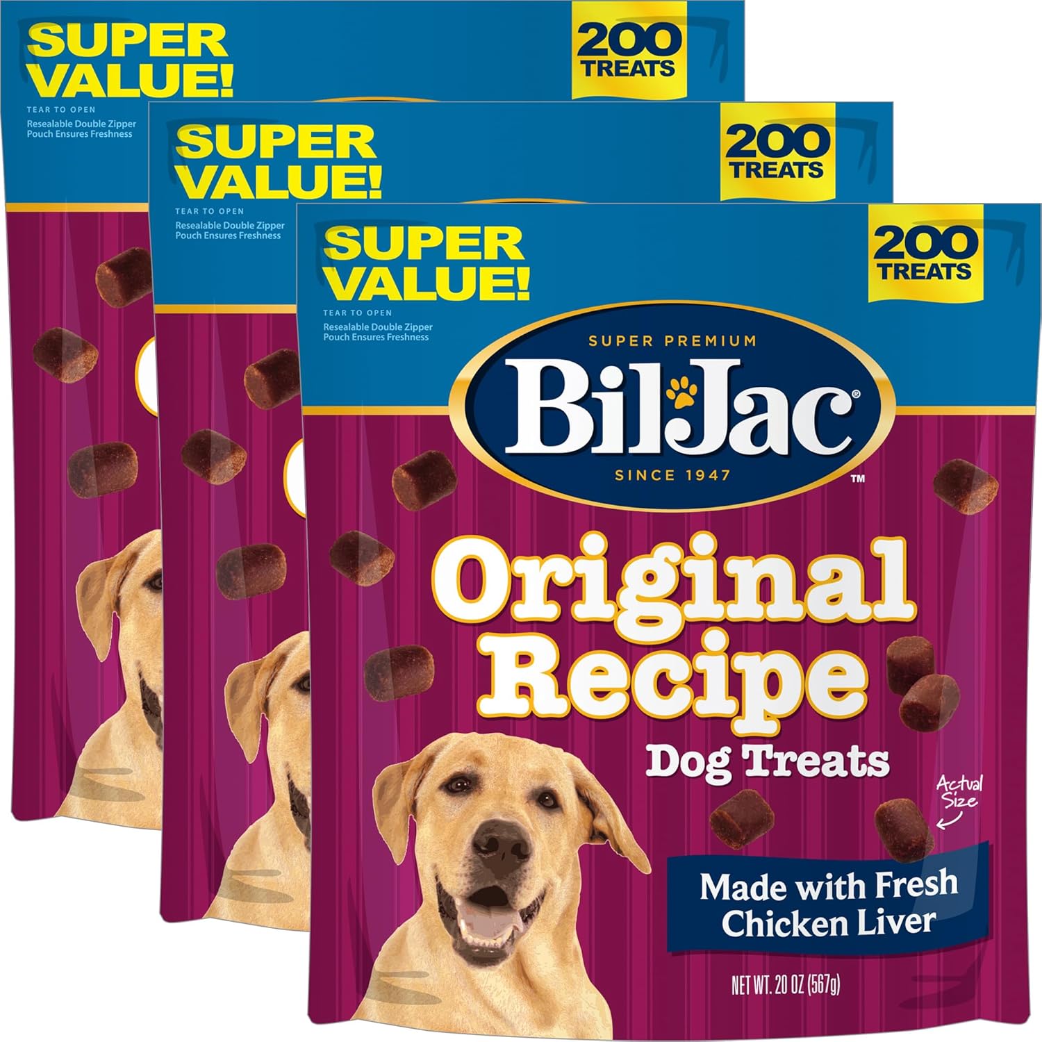 Bil-Jac Original Recipe Soft Training Dog Treats, Chicken Liver Flavor, Made with Real Chicken Liver, Resealable Double Zipper Pouch, 20oz (3-Pack)