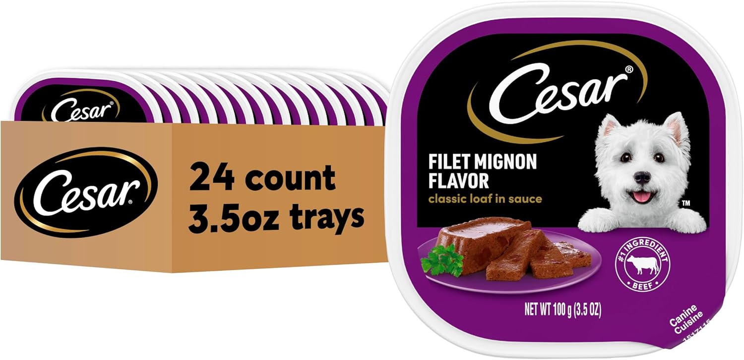 Cesar Classic Loaf in Sauce Adult Wet Dog Food Filet Mignon Flavor, Wet Food for Dogs, 3.5 oz Easy Peel Trays, 24 Count