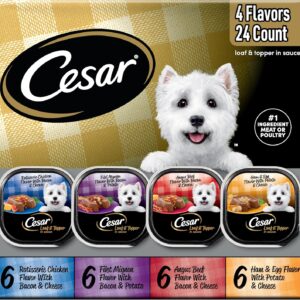 Cesar Loaf in Sauce Wet Dog Food Rotisserie Chicken, Filet Mignon, Angus Beef, and Ham & Egg Flavors Variety Pack, Wet Food for Dogs, 3.5 oz Easy Peel Trays, 24 Count