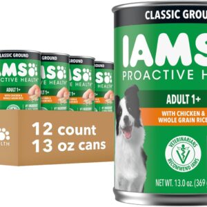 IAMS Proactive Health Wet Dog Food, Adult Wet Dog Food Multipack Ground Dinner, with Chicken & Rice, 13 oz. Cans (Pack of 12)