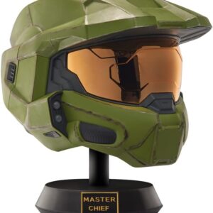 Master Chief Deluxe Helmet with Stand- Helmet with LED Lights on Each Side - Battle Damaged Paint - No SFX - One-Size-Fits-Most