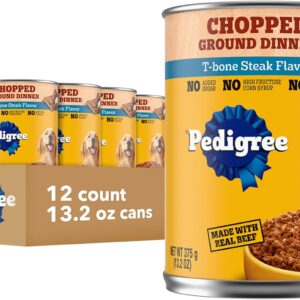 Pedigree Chopped Ground Dinner Adult Soft Wet Dog Food with T-Bone Steak Dinner, Canned Dog Food, 13.2 oz. Cans, 12 Count