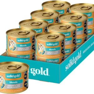 Solid Gold Wet Cat Food Shreds in Gravy - Canned Cat Food Made w/Real Tuna & Sardine - Five Oceans Grain Free 16ct/6oz Can