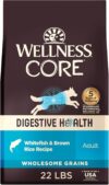 Wellness CORE Digestive Health Adult Dry Dog Food, Wholesome Grain Kibble, Sensitive Stomach, Natural, High Protein, Chicken Free, Whitefish and Brown Rice Recipe, 22 lb Bag