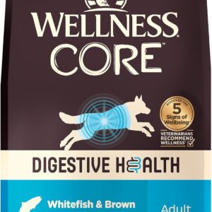Wellness CORE Digestive Health Adult Dry Dog Food, Wholesome Grain Kibble, Sensitive Stomach, Natural, High Protein, Chicken Free, Whitefish and Brown Rice Recipe, 22 lb Bag