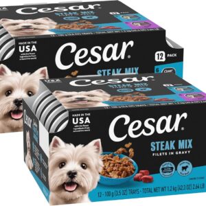 Cesar Filets in Gravy Adult Wet Dog Food Variety Pack, Filet Mignon and New York Strip Flavors, 3.5 oz. Easy Peel Dog Food Tray, 12 Count (Pack of 1)