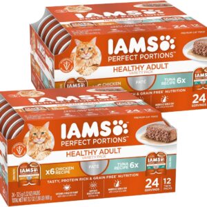 IAMS Perfect Portions Sensitive Digestion & Skin Wet Cat Food Pate, Healthy Adult Grain Free Pate, Chicken and Tuna Recipe, 2.6 oz. (24 Twin Packs)