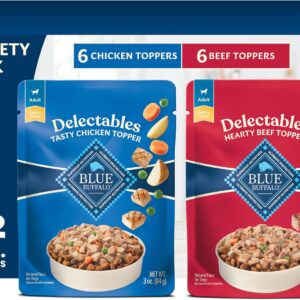 Blue Buffalo Delectables Variety Pack Natural Grain Free Wet Dog Food Topper (Tasty Chicken & Hearty Beef) Tender Cuts in Gravy with Natural Ingredients, Vitamins & Minerals, 3-oz. Each (12 Pouches)