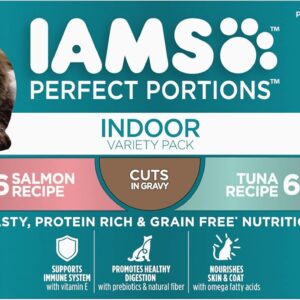 IAMS Perfect Portions Grain Free Wet Cat Food, Indoor Adult Cat Food Wet Cuts in Gravy, Variety Pack: Tuna & Salmon Recipe, 1.98 lb. (Pack of 1) Twin-Pack Trays