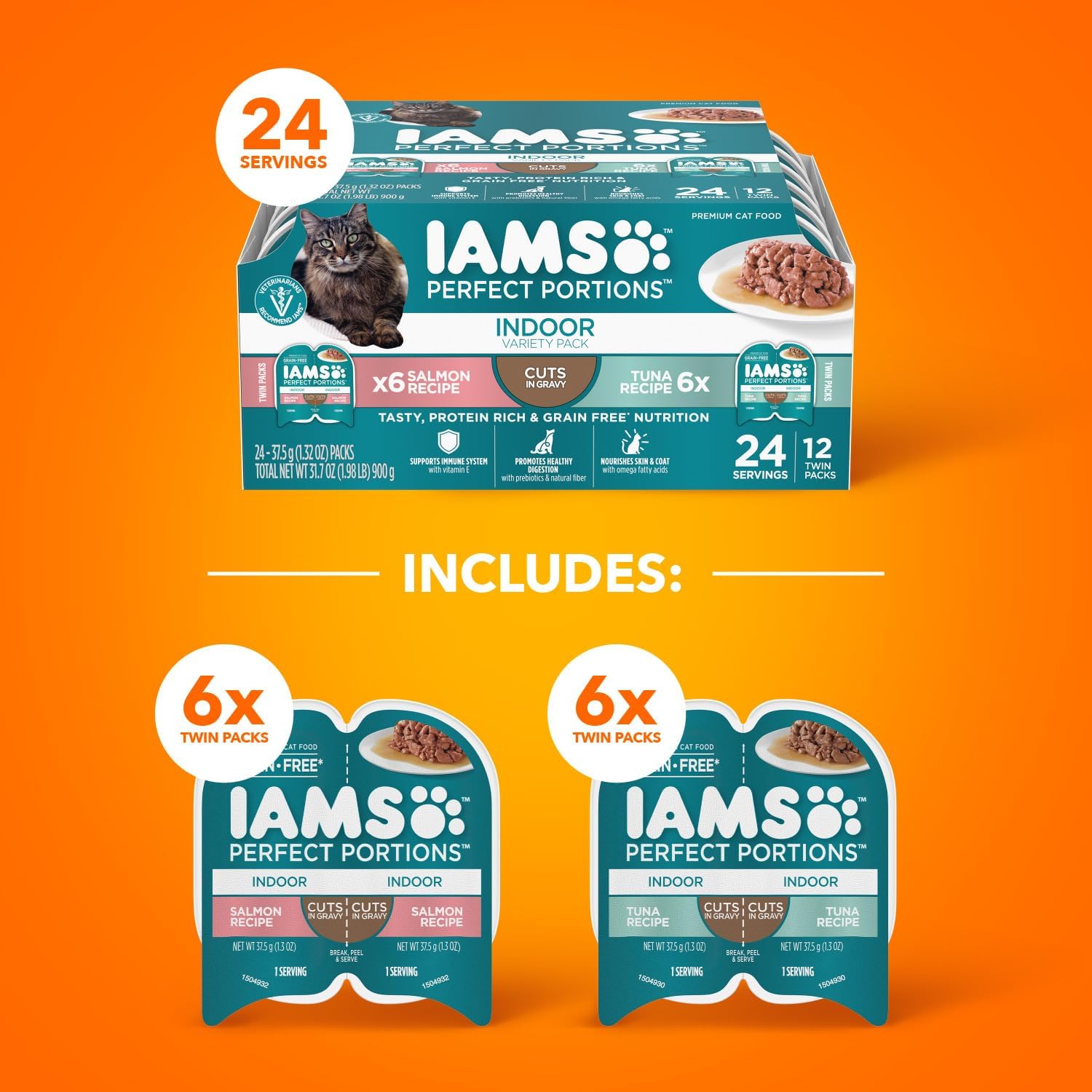 IAMS Perfect Portions Grain Free Wet Cat Food, Indoor Adult Cat Food Wet Cuts in Gravy, Variety Pack: Tuna & Salmon Recipe, 1.98 lb. (Pack of 1) Twin-Pack Trays - Image 2