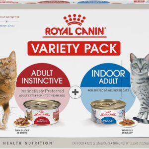 Royal Canin Feline Health Nutrition Indoor Adult & Adult Instinctive Thin Slices in Gravy and Morsels in Gravy Variety Pack Cat Food, 3 oz (Pack of 12)