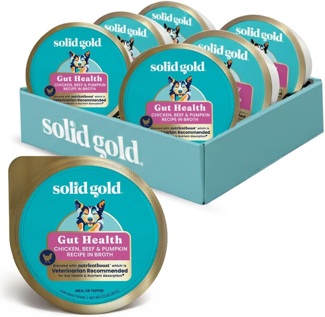 Solid Gold Wet Dog Food Topper & Meal Cups - W/Chicken, Beef & Pumpkin for Sensitive Stomachs, Gut Health & Digestive System Support - for Adult & Senior Small Breed & Large Breed Dogs - 3.5oz/6 Pack
