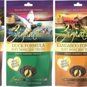 Zignature Soft Moist Dog Treats in 3 Flavor Variety Bundle: 1 Kangaroo, 1 Duck and 1 Vension (3 Bags Total, 4 Ounces Each) Plus Shaynanigans Silicone Lid