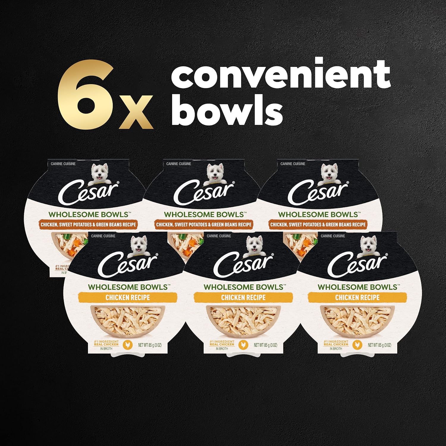 Cesar Wholesome Bowls Adult Wet Dog Food, Chicken Recipe and Chicken, Sweet Potatoes & Green Beans Recipe Variety Pack, Wet Food for Dogs, 3 Oz. Bowls, 6 Count - Image 3