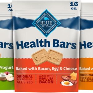 Blue Buffalo Health Bars Variety Pack Dog Biscuits, 16 oz | Bacon Egg & Cheese, Apple & Yogurt & Pumpkin & Cinnamon Recipes, Oven-Baked, Crunchy Texture