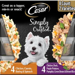Cesar Simply Crafted Wet Dog Food Toppers for Dry Food, Chicken, Duck, Purple Potatoes, Pumpkin, Green Beans & Brown Rice, and Chicken, Carrots, Barley & Spinach Variety Pack, 1.3 oz Tubs, 8 Count