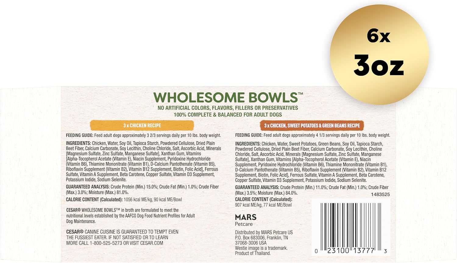 Cesar Wholesome Bowls Adult Wet Dog Food, Chicken Recipe and Chicken, Sweet Potatoes & Green Beans Recipe Variety Pack, Wet Food for Dogs, 3 Oz. Bowls, 6 Count - Image 2