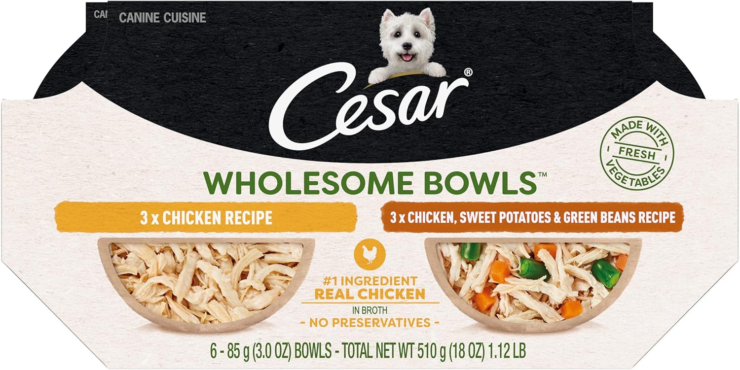 Cesar Wholesome Bowls Adult Wet Dog Food, Chicken Recipe and Chicken, Sweet Potatoes & Green Beans Recipe Variety Pack, Wet Food for Dogs, 3 Oz. Bowls, 6 Count