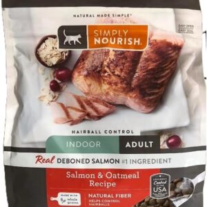 SIMPLY NOURISH Indoor Adult Cat Salmon & Oatmeal Recipe. Natural Fiber Helps Control Hairballs. 1-3 LB (1.36 kg) Bag of Dry Cat Food.