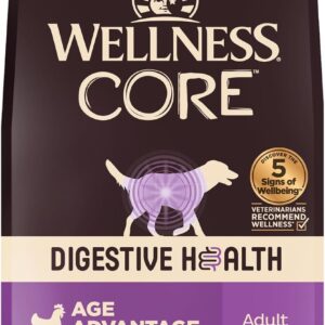 Wellness CORE Digestive Health Age Advantage Senior Dry Dog Food, Wholesome Grain Kibble, Sensitive Stomach, Natural, High Protein, Chicken and Brown Rice Recipe, 4 lb Bag