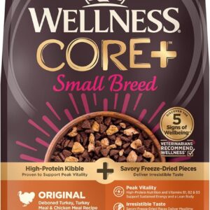 Wellness CORE+ Small Breed Adult Dry Dog Food with Freeze Dried Pieces, Wholesome Grain Kibble+, Natural, High Protein, Turkey and Chicken Recipe, 4 lb Bag