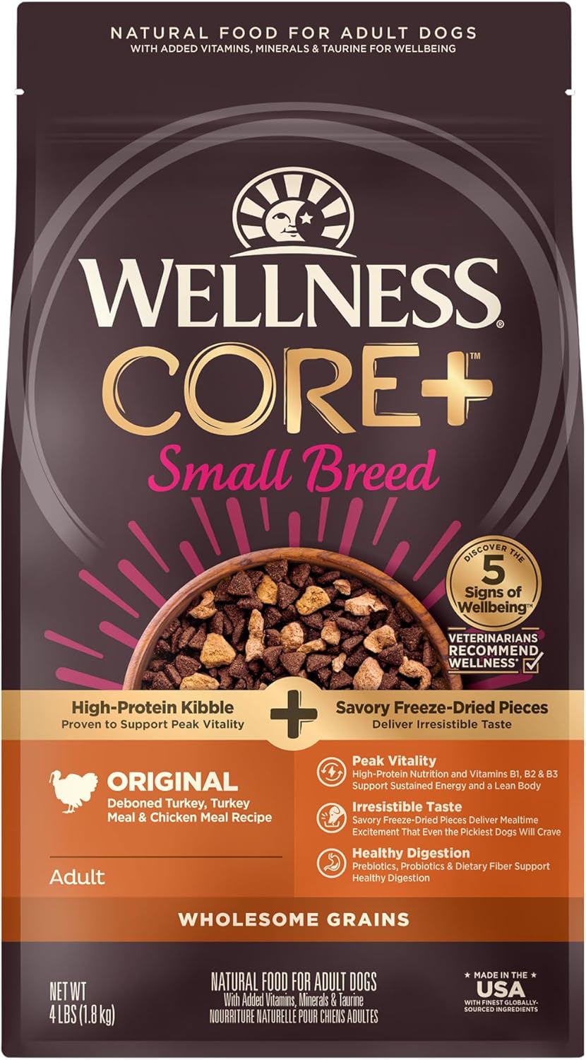 Wellness CORE+ Small Breed Adult Dry Dog Food with Freeze Dried Pieces, Wholesome Grain Kibble+, Natural, High Protein, Turkey and Chicken Recipe, 4 lb Bag