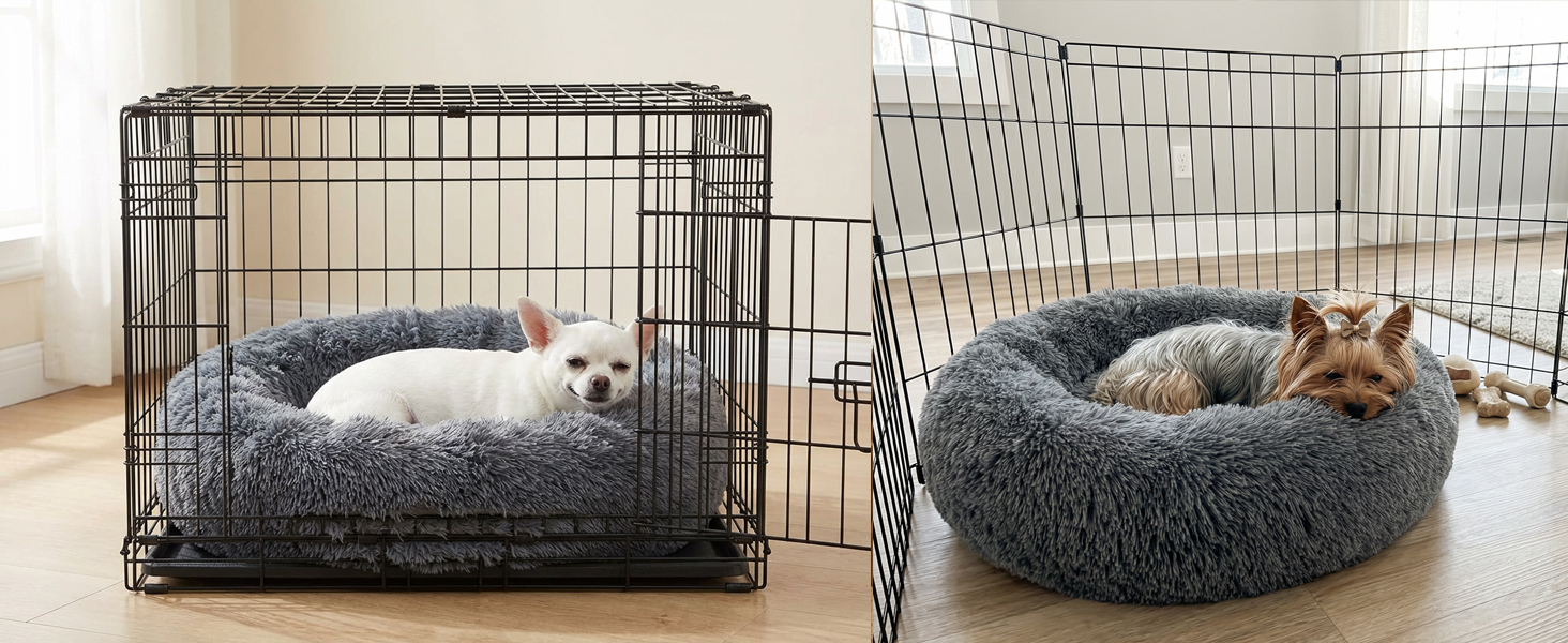 round dog bed used in home crate and indoor pet spaces