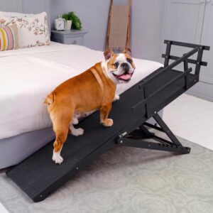 Dog ramp for Bed – PRIORPET Birchwood Adjustable Ramp for Dogs to Get on Bed: Dog ramps for High Beds up to 37 Inches – Foldable Ramp, Anti-Slip Grip & Safety Rails, Small Dogs Up to 120lbs – Black