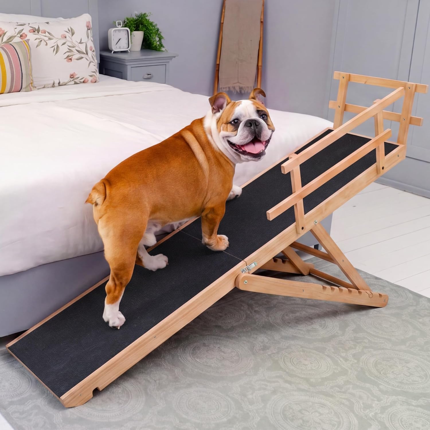 Dog ramp for Bed - PRIORPET Birchwood Adjustable Ramp for Dogs to Get on Bed: Dog ramps for High Beds up to 37 Inches – Foldable Ramp, Anti-Slip Grip & Safety Rails, Small Dogs Up to 120lbs – Natural