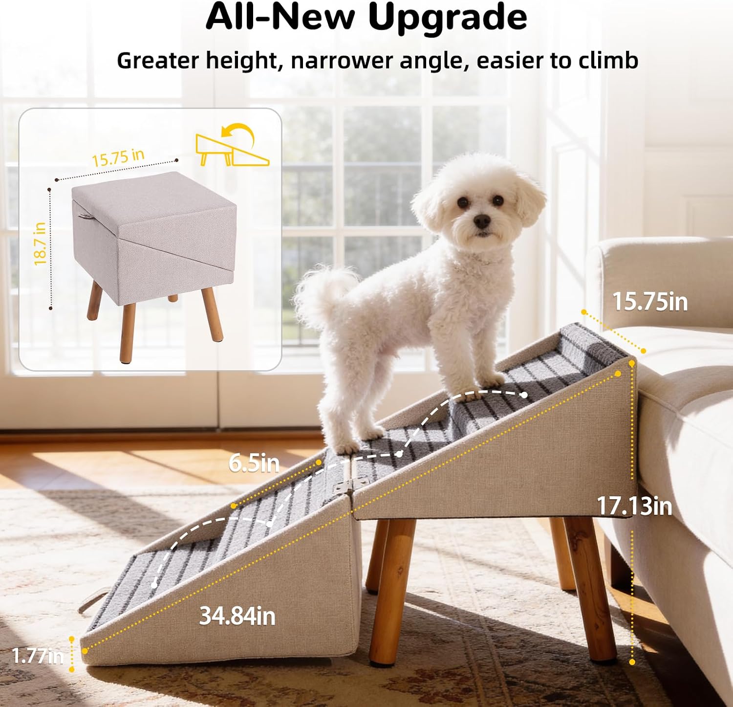 Dog Stairs for Small Dogs, 2-in-1 Foldable Pet Ramp and Ottoman, 17.13" H - Image 3