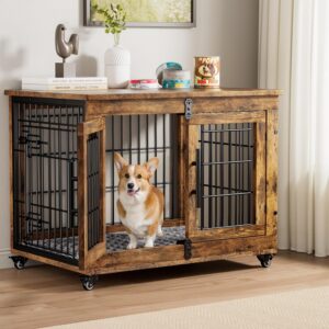 Medium Dog Crate Furniture, 32” Heavy Duty Kennel w/Cushion & Wheels