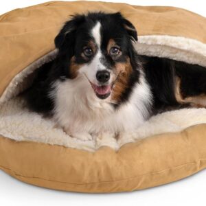 Snoozer Cozy Cave Dog Bed – Indoor Dog Bed with Cover Cave, Covered Calming Burrow for Small & Medium Sized Pets with Blanket Attached, Enclosed, Removable Washable Cover – Large, Camel